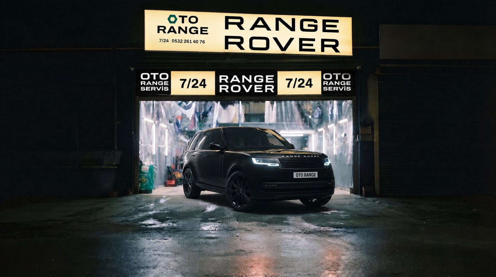 Gece, Oto Range atölyesinin önünde farları yanan siyah bir Range Rover; tabelada 7/24 ve 0532 261 40 76 yazıyor