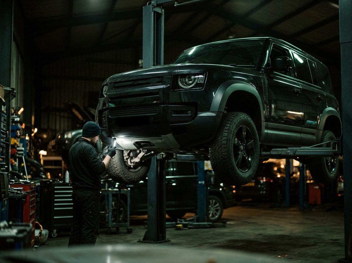 Underbody inspection of a Land Rover Defender on a lift