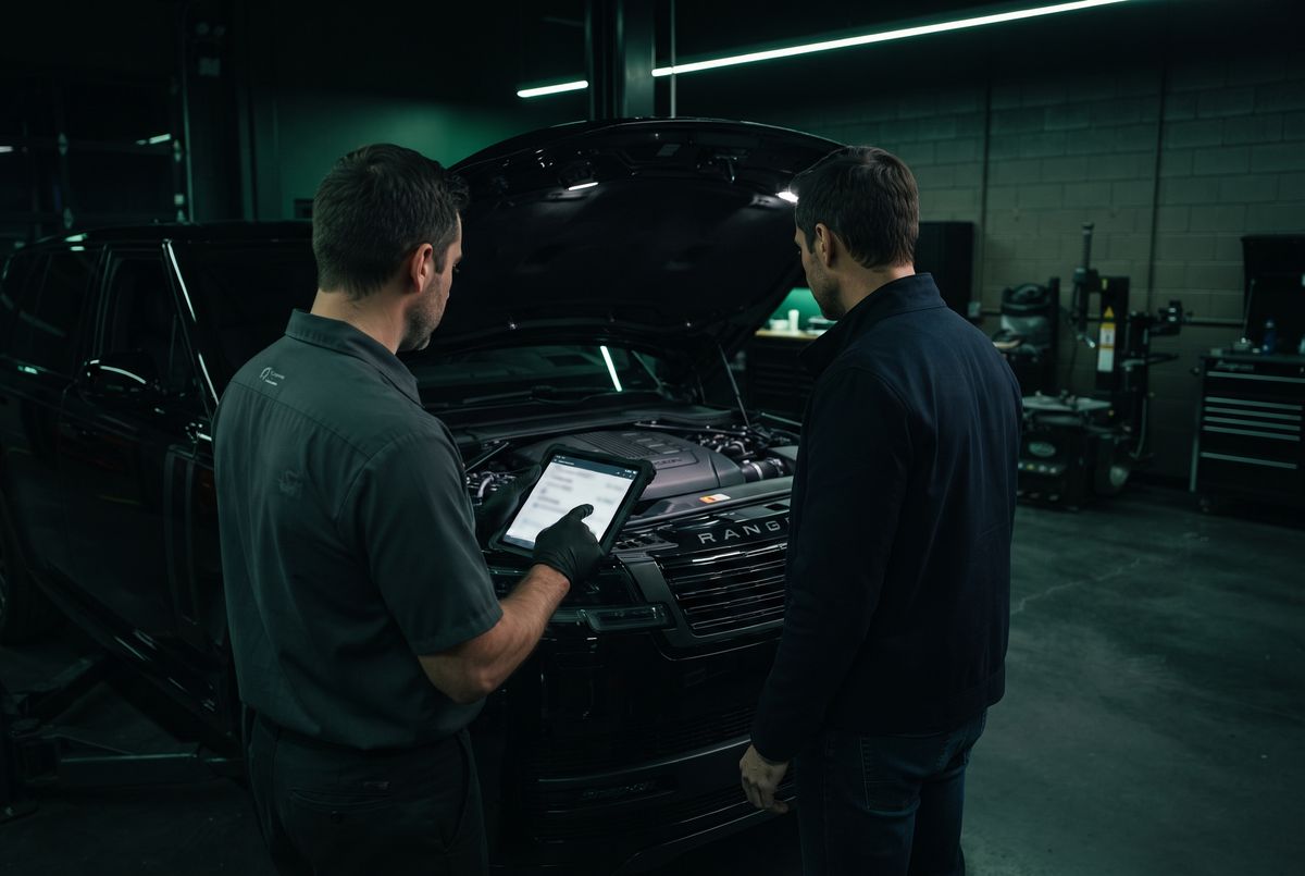 Usta, Range Rover’ın kontrol sonuçlarını müşteriye tablette anlatıyor